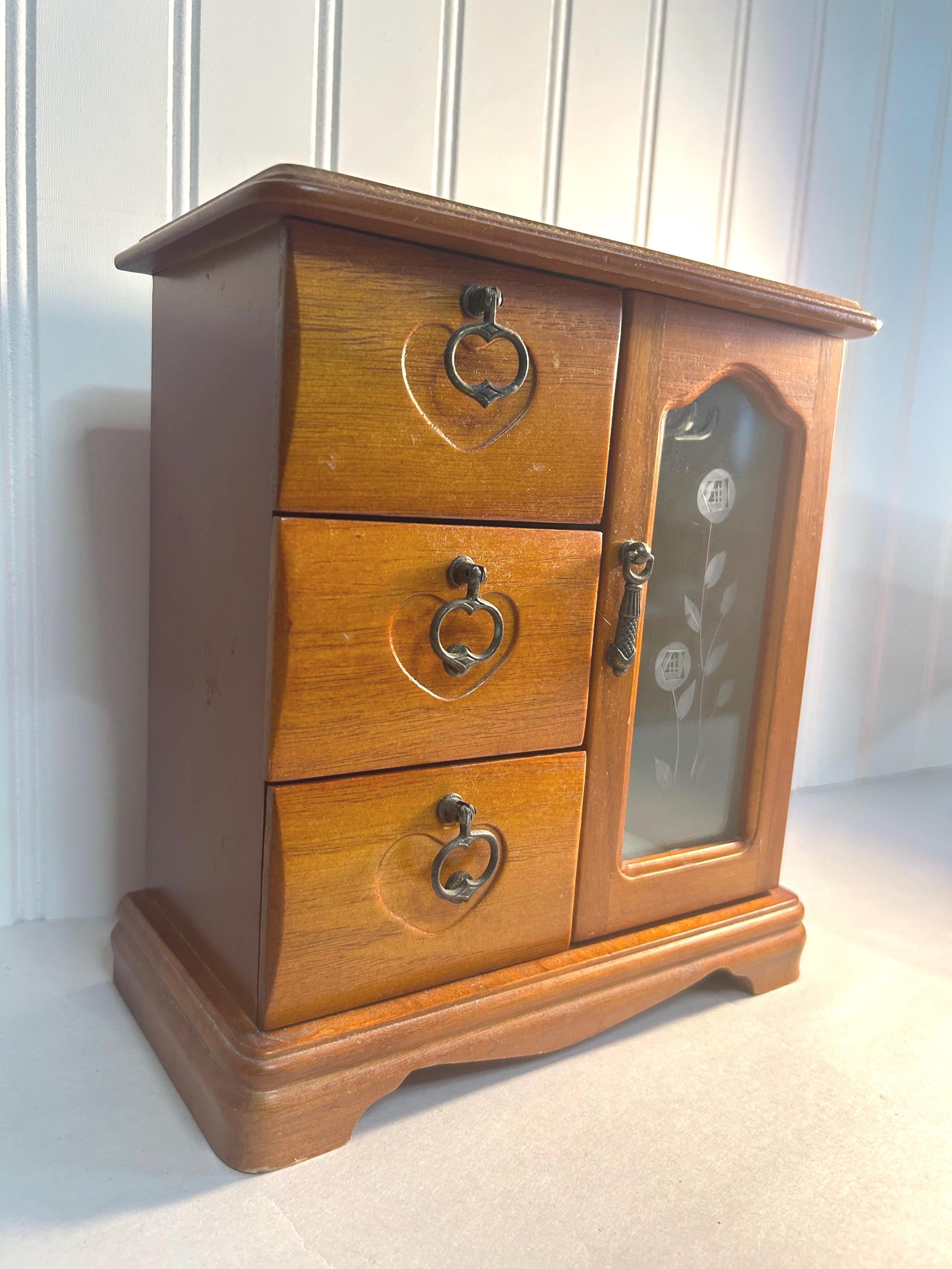 Vintage Wood Jewelry Box W/ Etched Floral Glass Door ~ 9”x 8 Vintage Wood Jewelry Box W/ Etched Floral Glass Door ~ 9”x 8