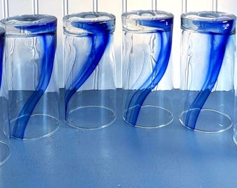 Set Di 6 Bicchieri A Spirale In Vetro Soffiato A Mano, Colore Blu Acqua, Artigianali Messicani, 396g - 2