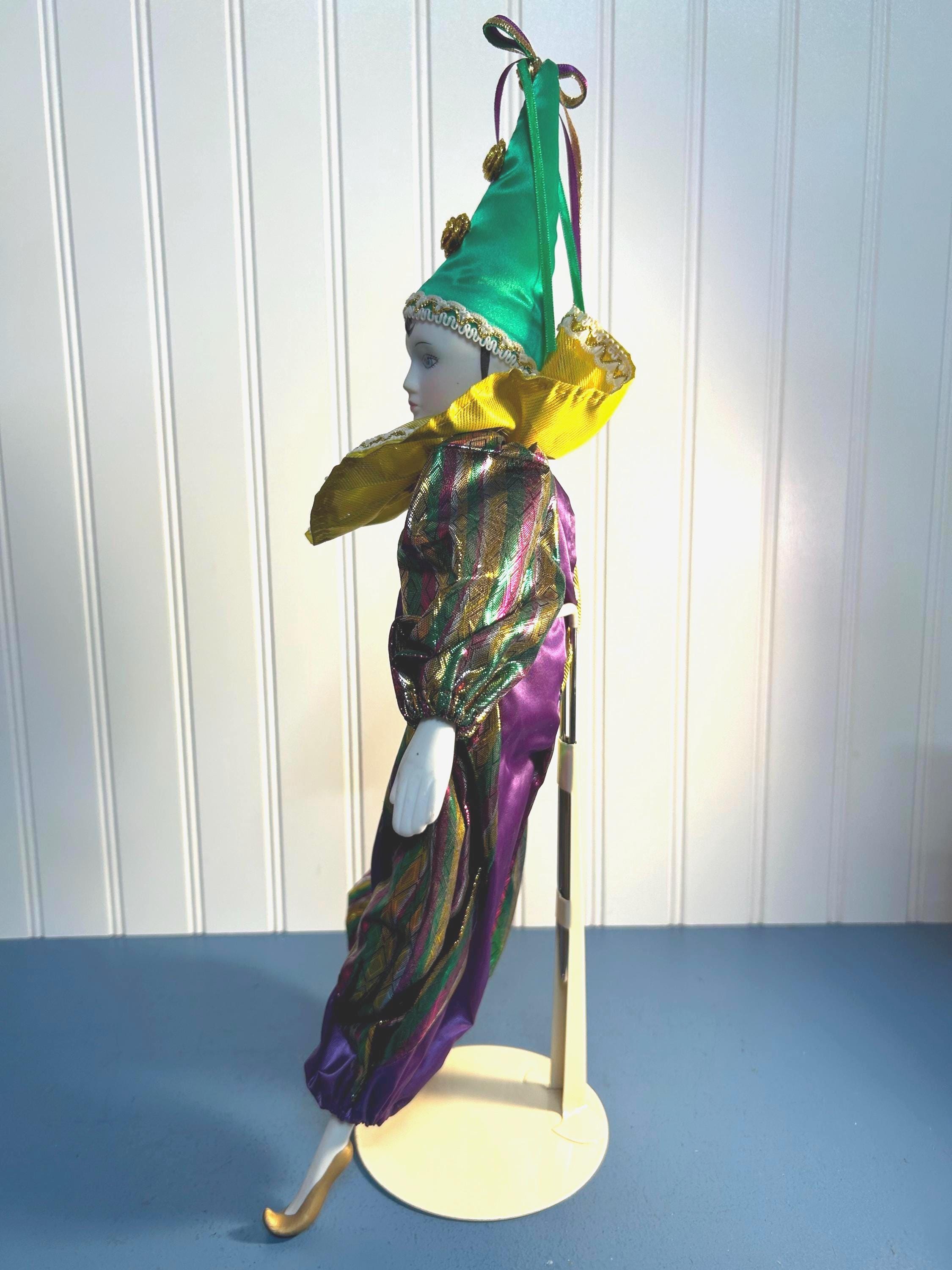 ヴィンテージ磁器製ピエロ・ハーレクイン人形（スタンド付き）〜18.5