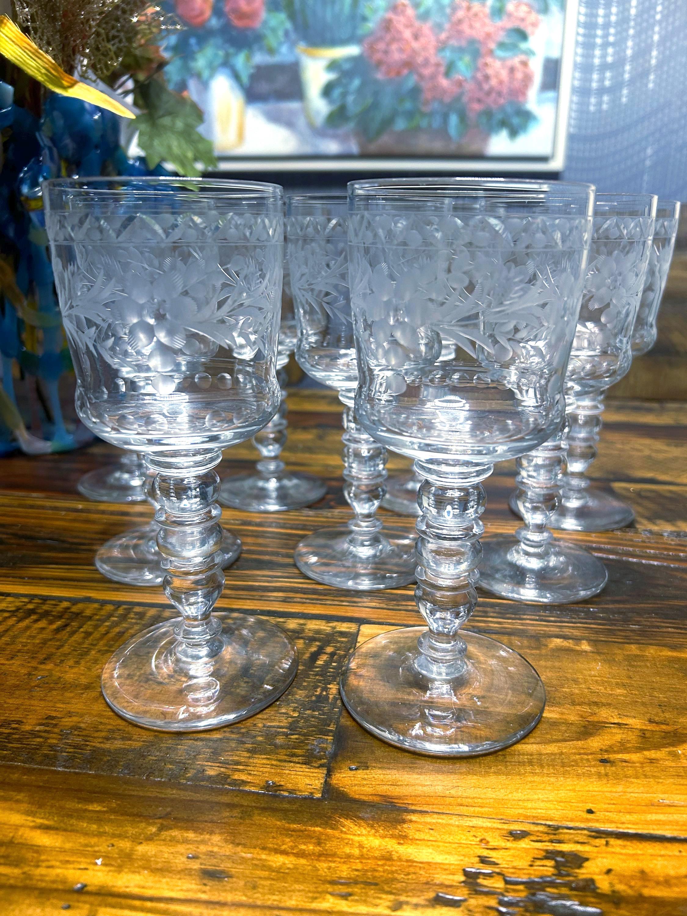 Vintage Multi~ Motif Etched Crystal Glasses ~ Set of 9 ~ 7.25