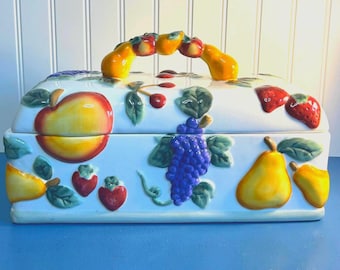 Vintage Keramik erhöhter Obst Brotkasten mit Griff, Trauben, Pfirsiche, Erdbeeren ~ 13 &quot;x 8,5&quot; (groß, schwer)