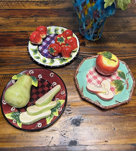 Dining | Vintage Set Of 4 Red Stripe Plates Mixed Fruit  Vintage Set of 4 Red Stripe Plates Mixed Fruit Cherries Apples Blueberries Pear main image 1