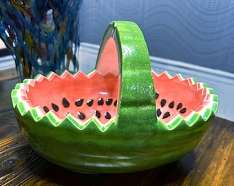 ヴィンテージ手作りセラミック製スイカ型ボウル（取っ手付き）～11.25インチ