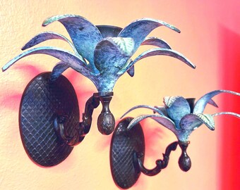 Vintage Cast Iron Palm Tree Wall Sconces - Hollywood Regency Set