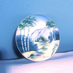 Vintage Porcelain Hand Painted Japanese Wall Plate Landscape Scenery ~ 7.18” (artist signed)