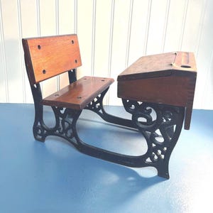 Vintage Wood and Cast Iron Doll Seat and Desk w/ Adjustable Top ~ 9”x 12”