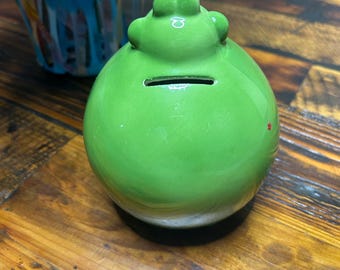 ヴィンテージ グリーン＆ホワイト セラミック カエル貯金箱 ~ 6インチ