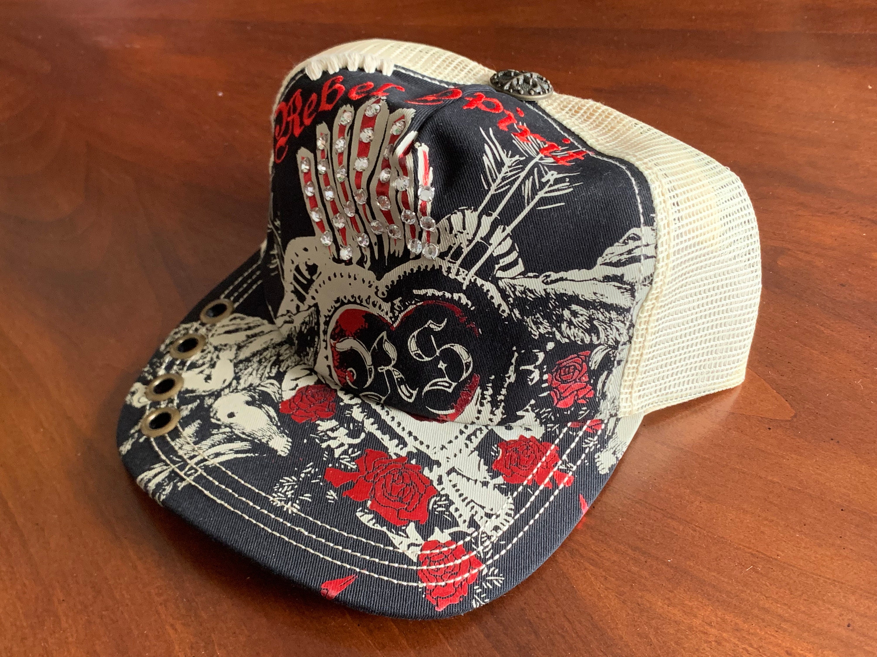 希少 Y2K Ed hardy 刺繍 デニムメッシュキャップ スカルハート