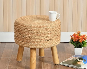 Shadowkart Jute Pouffes Sitting Stool For Living Room Poof Puffy Wooden Ottoman Stools Cotton Poof Furniture