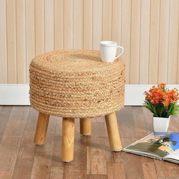 Shadowkart Jute Pouffes Sitting Stool For Living Room Poof Puffy Wooden Ottoman Stools Cotton Poof Furniture