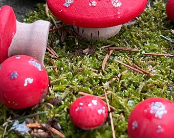 Fairy Ring of Wooden Red and Glittery Silver Mushrooms       j