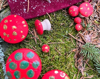 Fairy Ring of Wooden Red and Shiny Gold Mushrooms  w/ one Magical Color Changing!      k