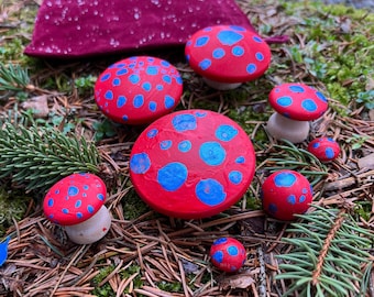 Fairy Ring of Wooden Red and Shiny Blue Mushrooms       d