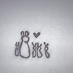 May include: A simple black and white drawing of a rabbit with four smaller rabbits, all facing forward. A small heart is drawn above the larger rabbit.