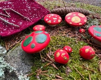 Fairy Ring of Wooden Red and Shiny Copper, Silver and Color Changing Green Spotted Mushrooms       m