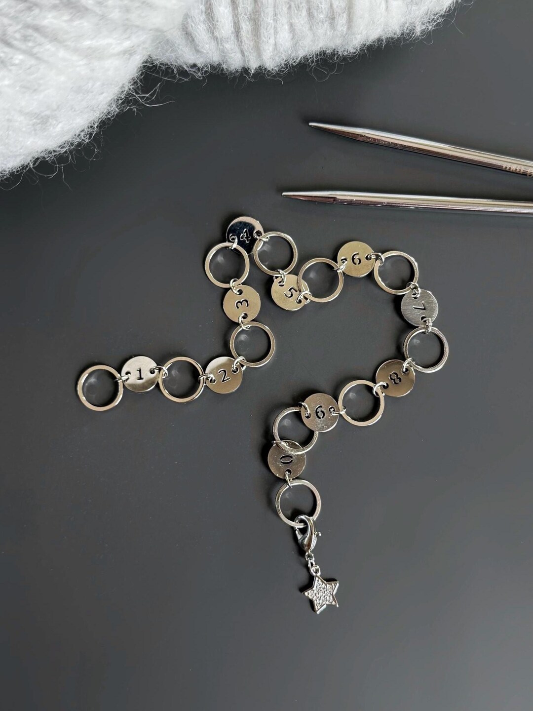 Knitting Row Counter Chain: Stainless Steel Charms, Silver Plated Rings ...