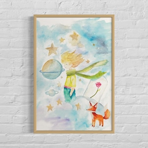 Il piccolo principe acquerello arte, decorazione originale per pareti della cameretta dei bambini, pittura di superficie per la cameretta dei bambini piccolo tema reale, pannello fantasy magico