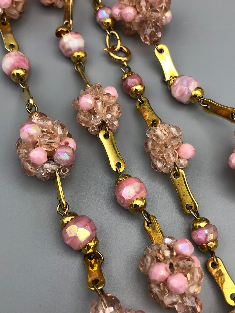 Vintage Artisan Pink Faceted Glass Bead and Gold Tone Link Necklace 42 12 inch