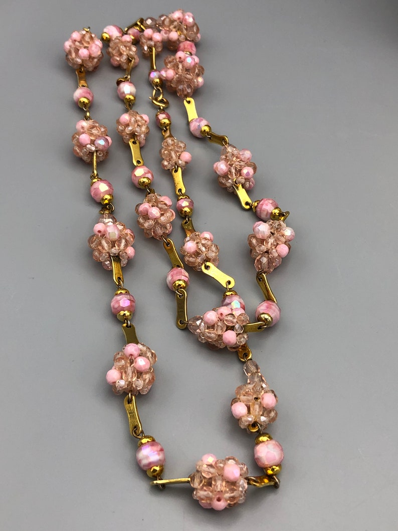 Vintage Artisan Pink Faceted Glass Bead and Gold Tone Link Necklace 42 12 inch