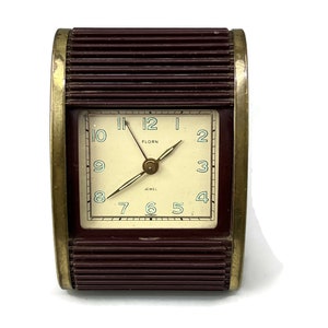 Vintage Art Deco Florn Mechanical Wind Travel Alarm Clock with Accordion Cover Brown Gold Tone Illuminated