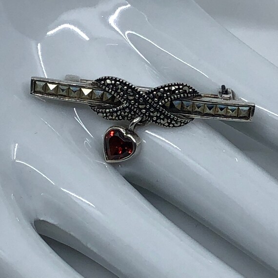 Vintage Sterling Silver Marcasite Bar Brooch with… - image 1