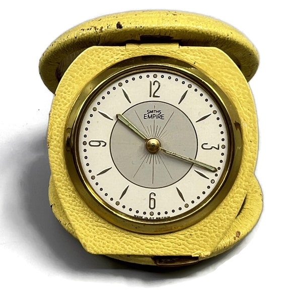 Vintage Smiths Empire Travel Alarm Clock Yellow Leather Case Needs A Crystal