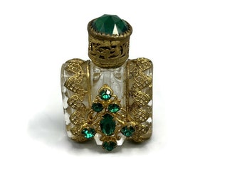 Miniature Perfume Bottle Antique Cut Crystal Filigree and Green Glass Rhinestone