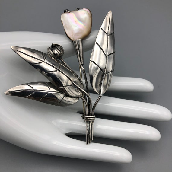 Vintage 20's 30's Sterling MOP Flower Brooch Large