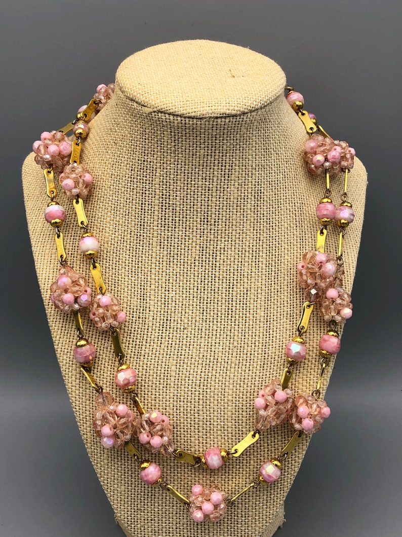 Vintage Artisan Pink Faceted Glass Bead and Gold Tone Link Necklace 42 12 inch