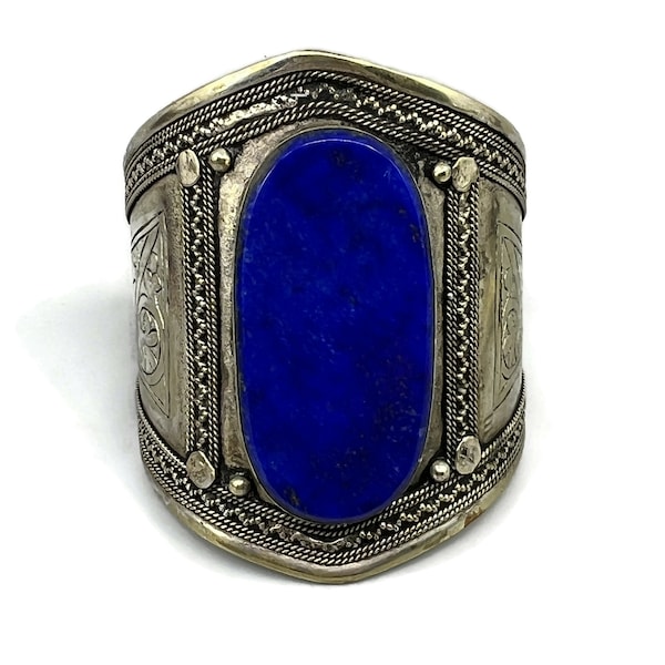 Vintage Afghan Kuchi Lapis Lazuli Plated Metal Cuff Bracelet