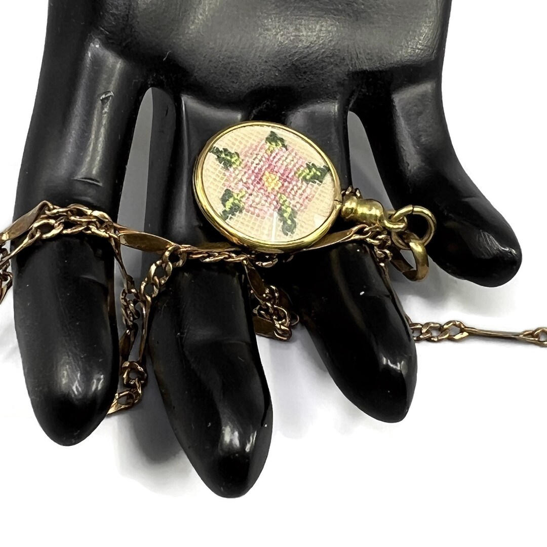 Antique Plated Gold Tone Ladies Pocket Watch Chain With Petit Point Fob