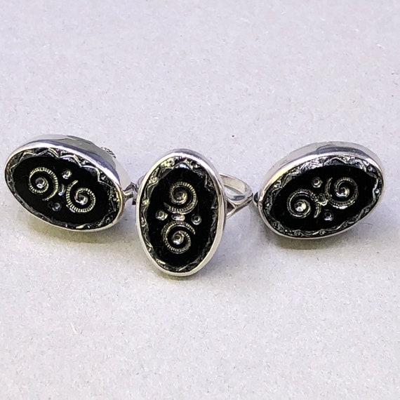 Antique Sterling Silver and Carved Black Glass Ea… - image 1