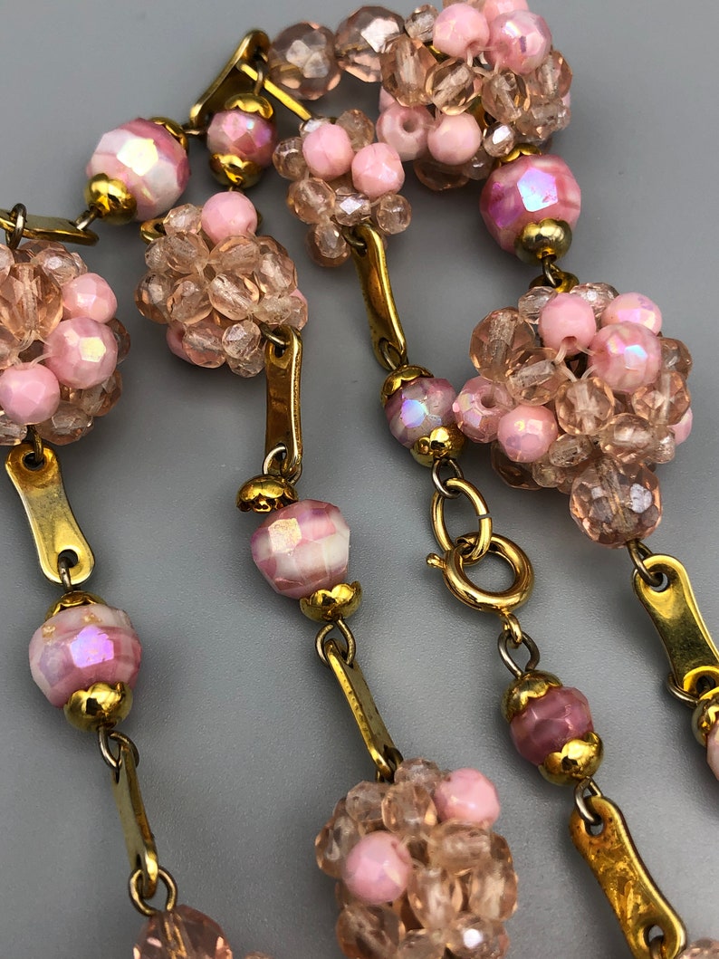 Vintage Artisan Pink Faceted Glass Bead and Gold Tone Link Necklace 42 12 inch