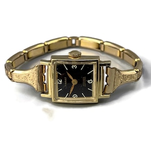 Working Parat Womens Mechanical Wind Watch Rolled Gold Case and Strap Black Dial Square 17 Jewels Anti Shock