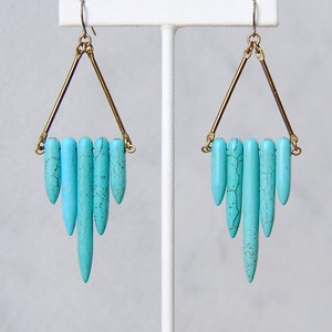 Turquoise Shield Earrings Natural Stone Dangles Howlite Point Dagger Beads Boho Chic Statement Jewelry image 2