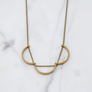 Three Curves Necklace Brass Semicircles Pendant Minimal and Geometric Gold Arc image 2