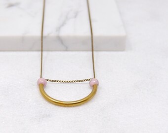 Gold Arc with Mauve Marbled Beads | Dainty Geometric Gemstone Necklace