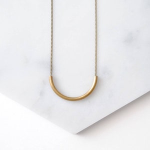 Small Curve Necklace Gold Tube Pendant Minimal Brass Semicircle image 1