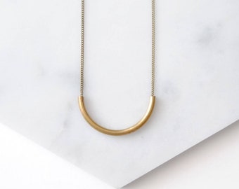 Small Curve Necklace | Gold Tube Pendant | Minimal Brass Semicircle