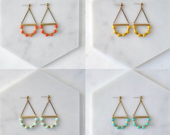 Colorful Curve Earrings | Brass Arcs | Geometric Drops in Rainbow Colors | Beaded Dangles