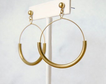 Large Arc Earrings | Handmade Gold Hoops with Brass Semicircles | Curved Bar Dangles