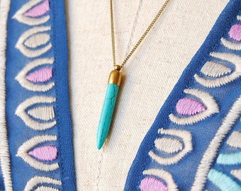 Turquoise Spike Necklace | Howlite Stone Pendant | Brass Boho Layering Chain