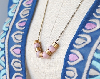Brass and Gemstone Bead Necklace | Pink Magnesite Jewelry | Boho Chic Style