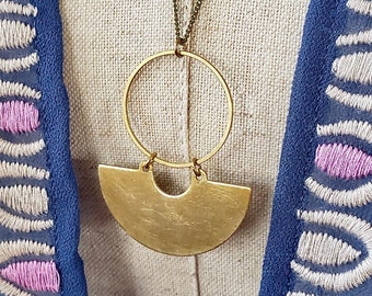 Crescent Pendant Necklace | Gold Circle and Brass Charm | Semicircle Arc Necklace | Modern Bohemian Style