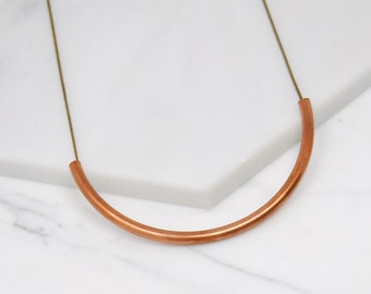 Copper Arc Necklace | Minimal Curved Tube Pendant | Geometric Semicircle Statement Necklace