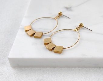 Square Bead Hoops | Geometric Dangle Earrings | Structured Handmade Jewelry