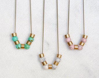 Minimal Marble Necklace with Magnesite Gemstones | Long Beaded Geometric Pendant