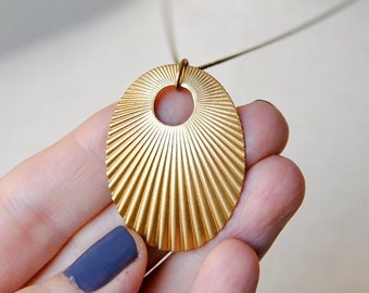 Art Deco Oval Necklace | Vintage Brass Fan | Geometric Pendant