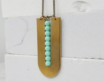 Fortress Necklace | Geometric Pendant | Brass Arc with Beads | Long Beaded Statement Necklace | Boho Chic Style