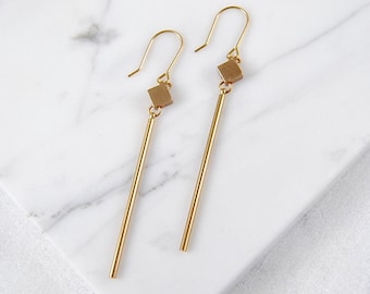 Square and Stick Earrings | Simple Minimal Drops | Geometric Brass Jewelry